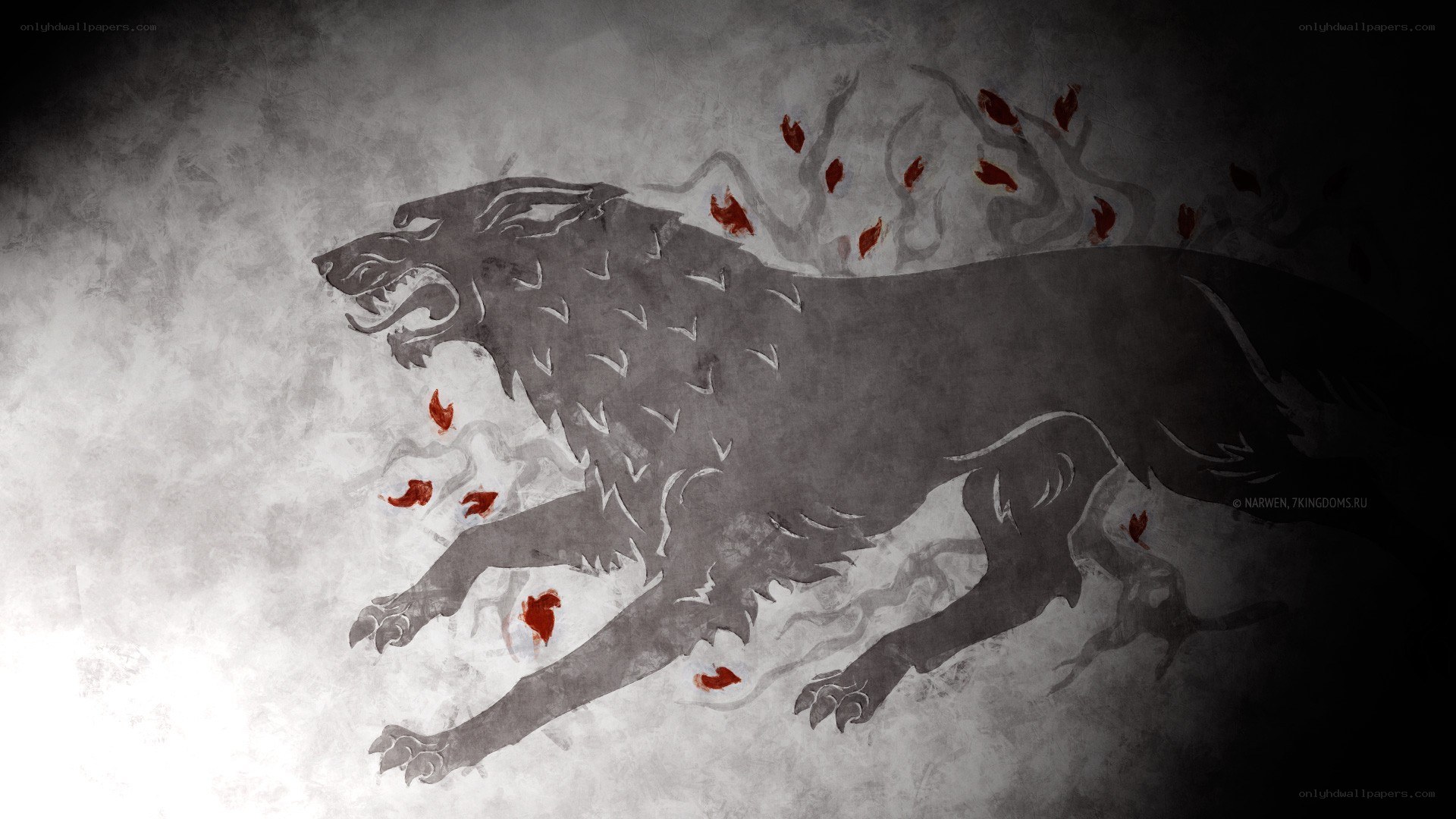 Direwolf sigil with red leaves