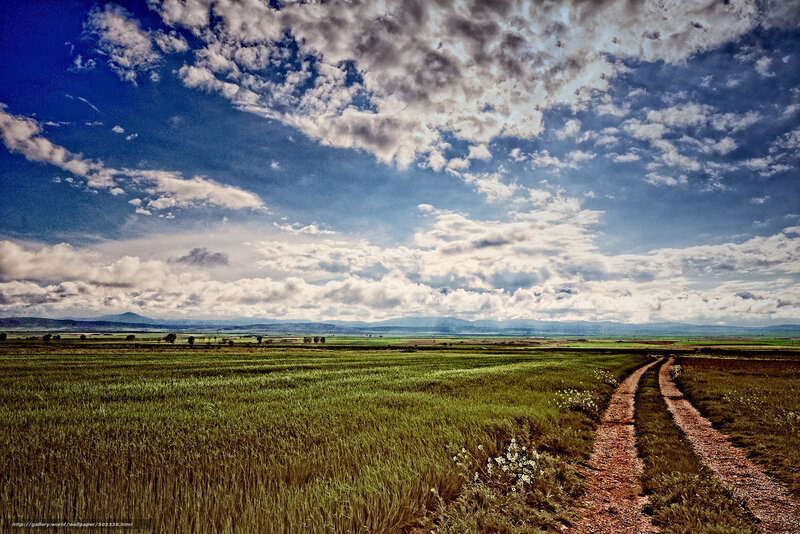 Dirt Path in Field — Green, Dramatic, Afternoon, Photograph, Clouds, Mountains