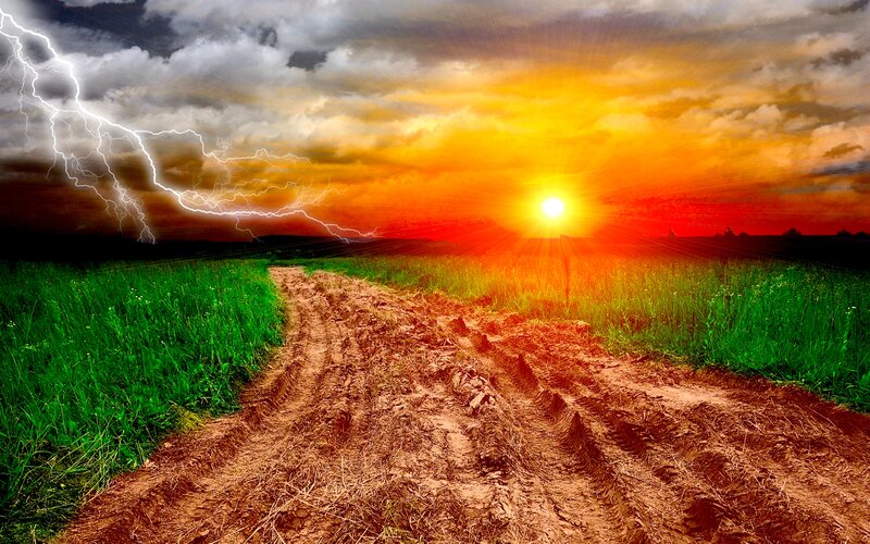 Dirt Path in Field — Green, Dramatic, Sunset, Digital Art