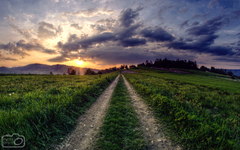 Dirt Path in Field — Green, Dramatic, Sunset, Photograph, Mountains