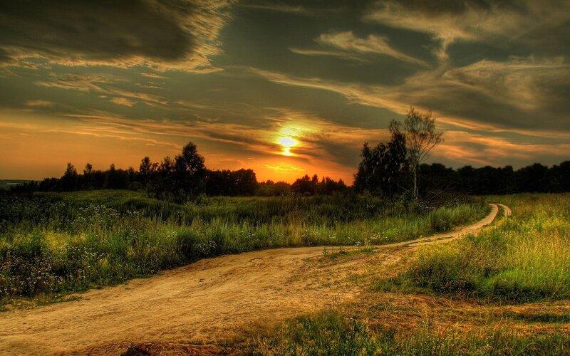 Dirt Path in Field — Green, Dramatic, Sunset