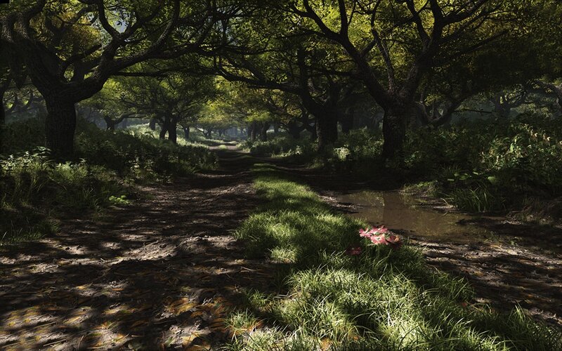 Dirt Path in Forest — Green, Serene, Afternoon, 3d Render, Trees, Grass