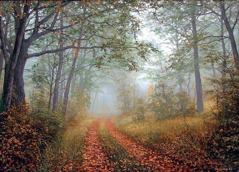 Dirt Path in Forest — Green, Serene, Autumn, Painting