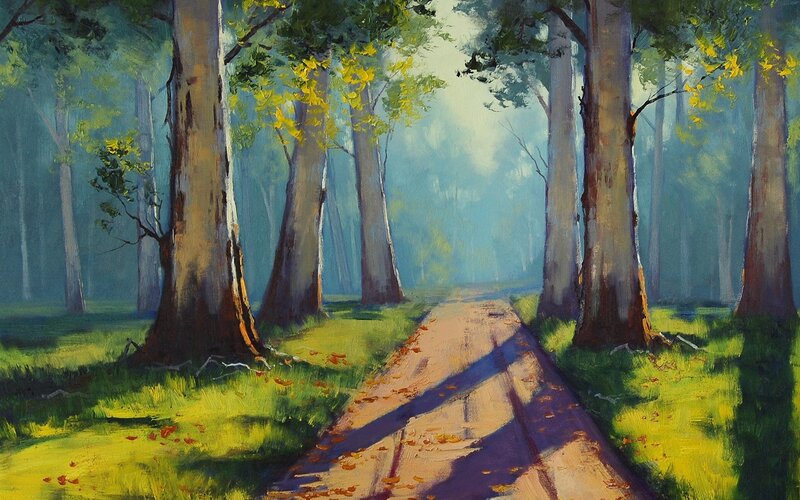 Dirt Path in Forest — Green, Serene, Morning, Painting, Trees, Sunlight