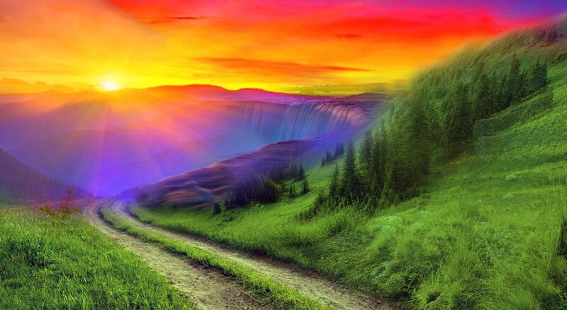 Dirt Path in Valley — Green, Serene, Sunrise