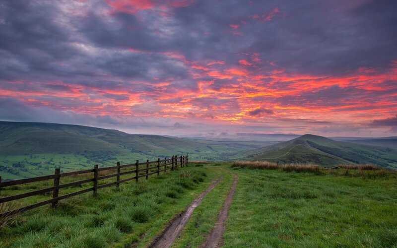 Dirt Path on Hillside — Green, Dramatic, Sunset, Photograph