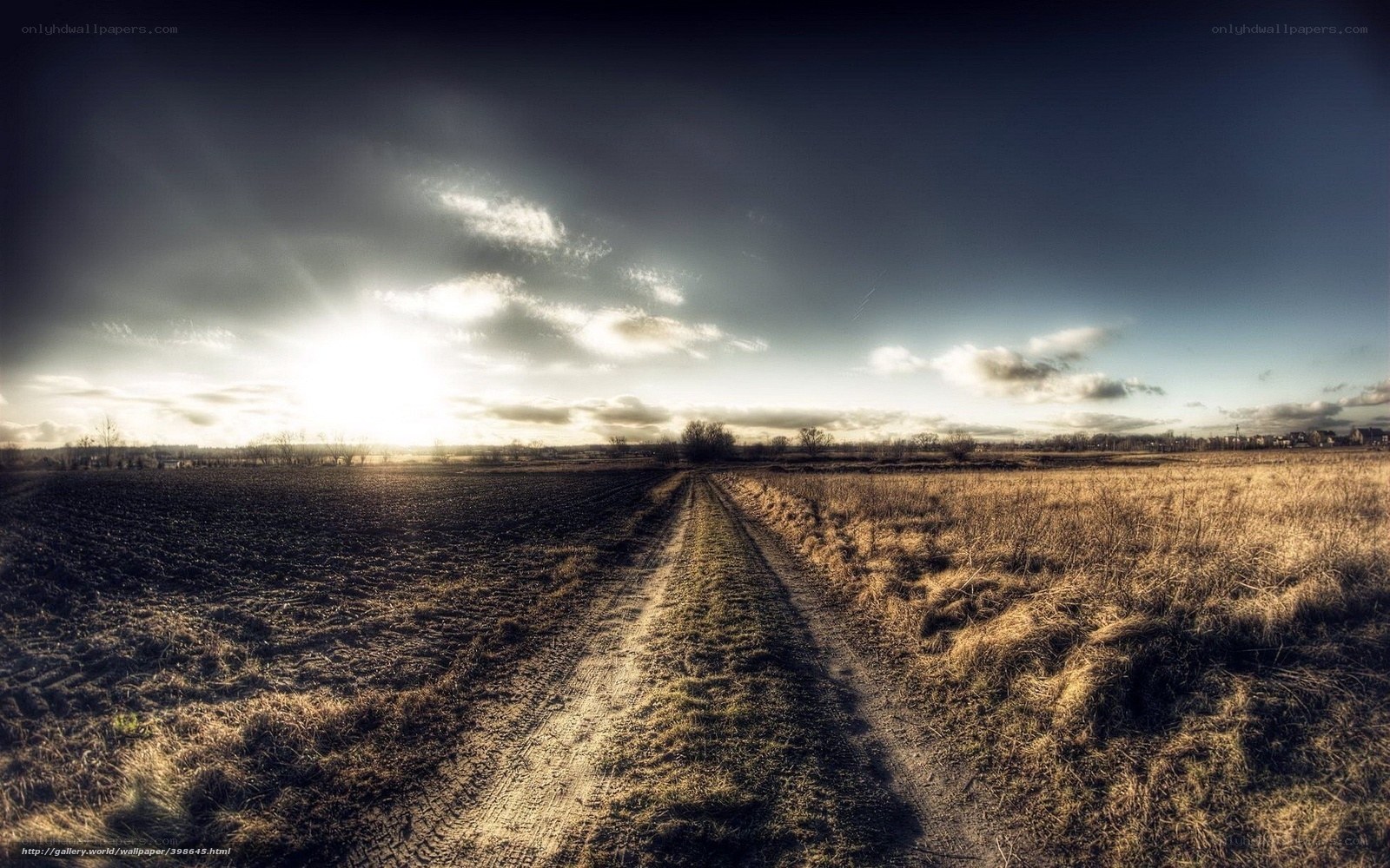 Dirt path through fields at sunset