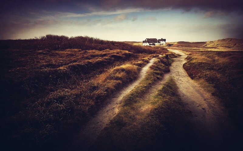 Dirt Path to Houses — Brown, Dramatic
