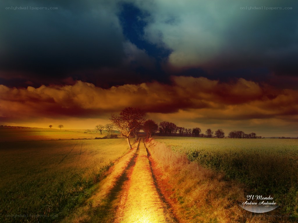 Dirt path under stormy sky