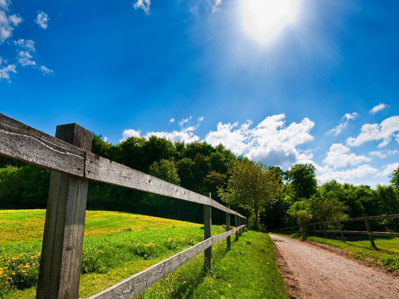 Dirt Path with Wooden Fence — Blue, Serene, Afternoon, Photograph