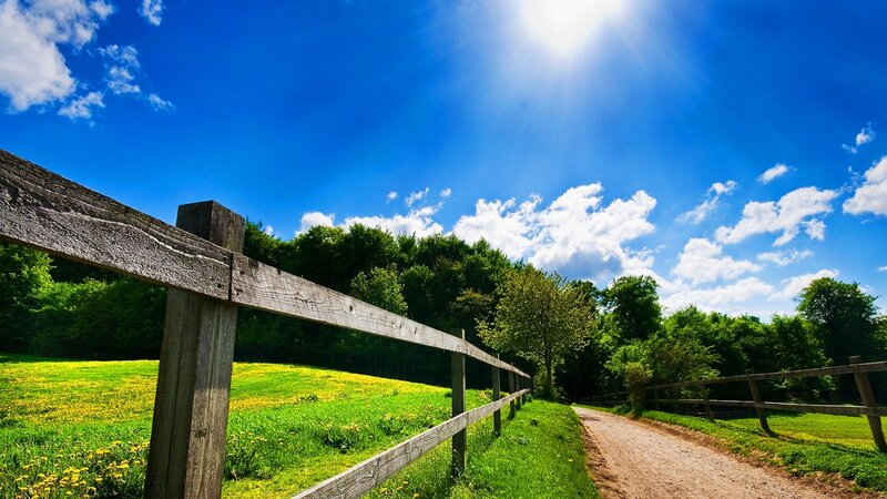 Dirt Path with Wooden Fence — Blue, Serene, Afternoon, Photograph, Trees