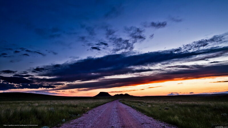 Dirt Road at Sunset — Blue, Serene, Photograph, Sky, Clouds