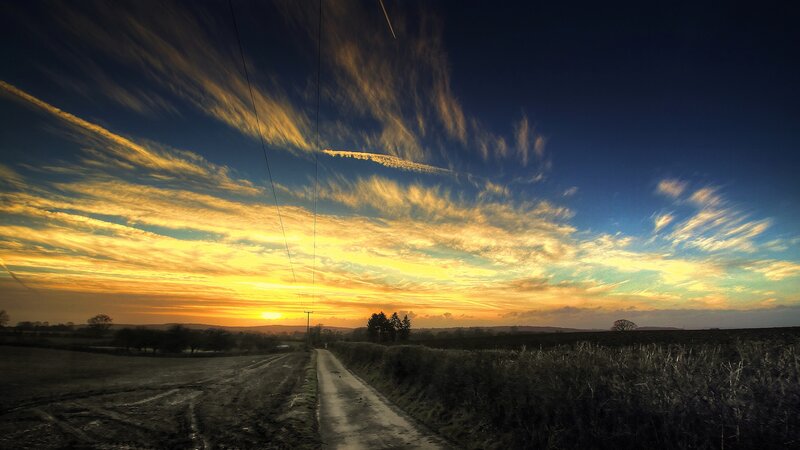 Dirt Road at Sunset — Blue, Serene, Photograph, Sky