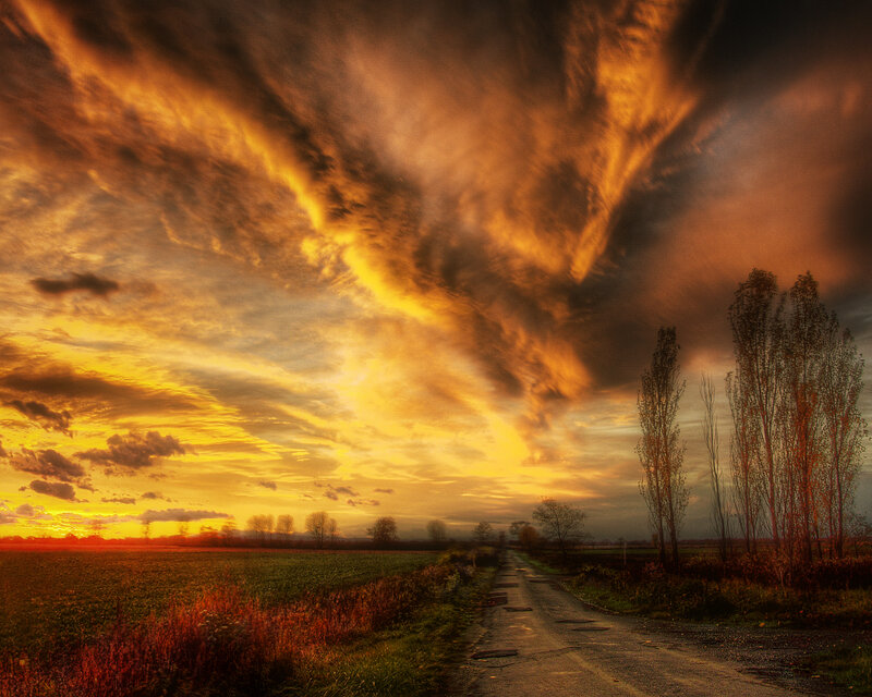 Dirt Road at Sunset — Orange, Dramatic, Photograph, Field, Trees, Clouds