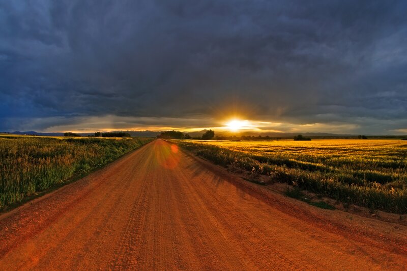 Dirt Road at Sunset — Orange, Dramatic, Photograph, Fields, Clouds