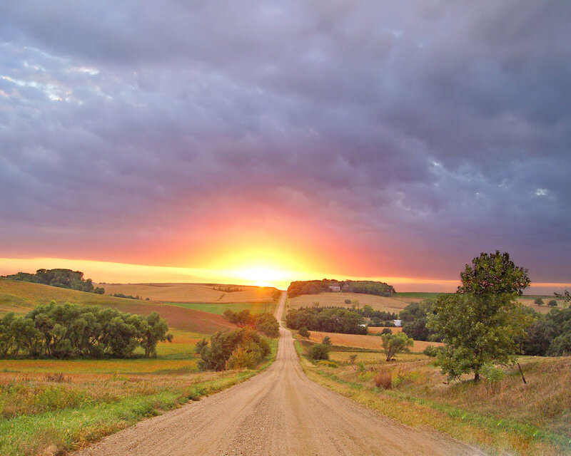 Dirt Road at Sunset — Orange, Dramatic, Photograph, Fields