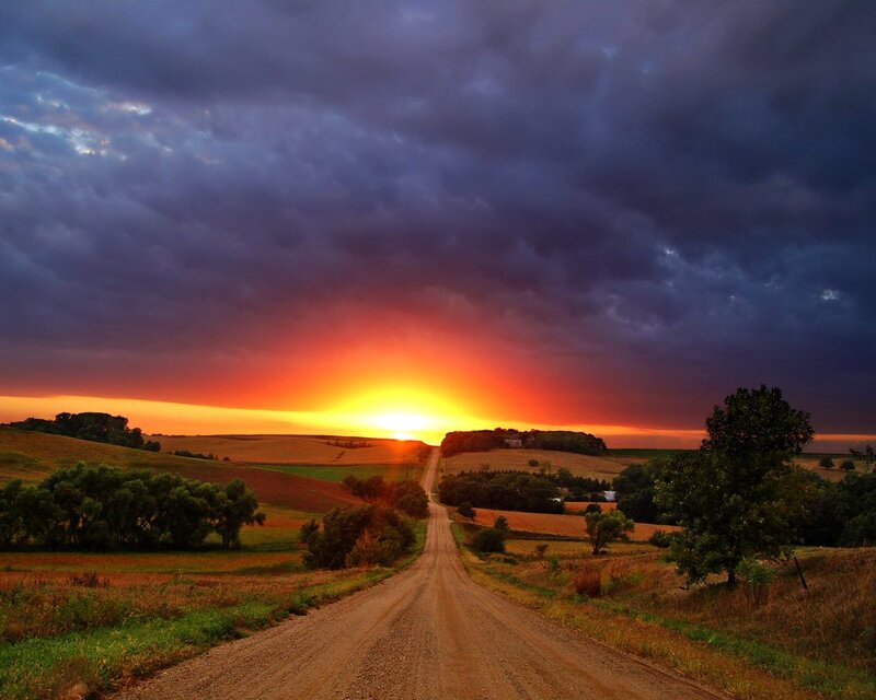 Dirt Road at Sunset — Orange, Dramatic, Photograph, Fields, Trees, Clouds, Sun