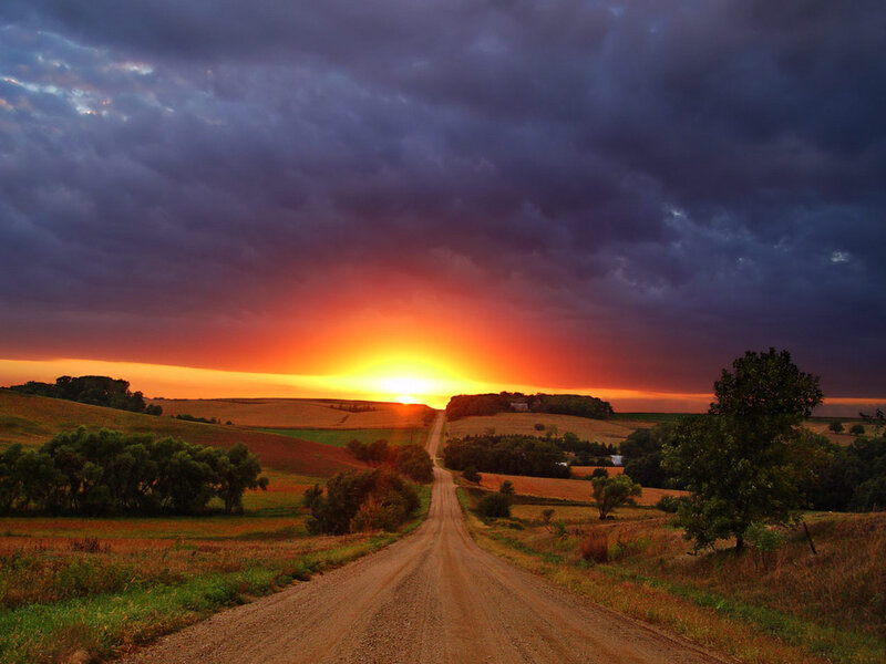 Dirt Road at Sunset — Orange, Dramatic, Photograph, Fields, Trees, Clouds