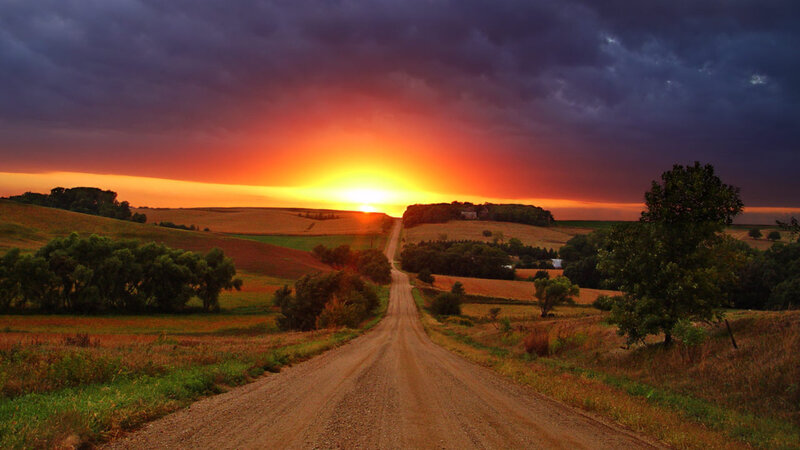 Dirt Road at Sunset — Orange, Dramatic, Photograph, Hills