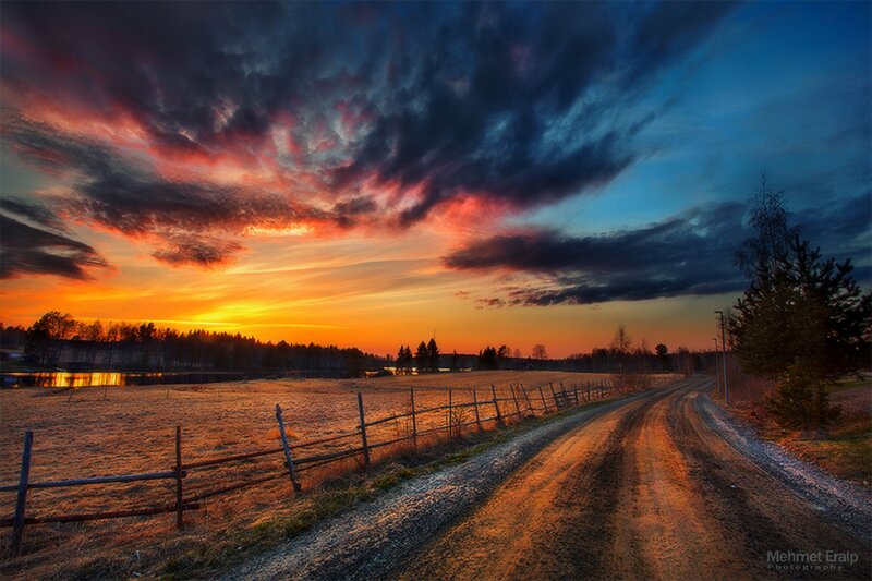 Dirt Road at Sunset — Orange, Dramatic, Photograph, Sky, Fence