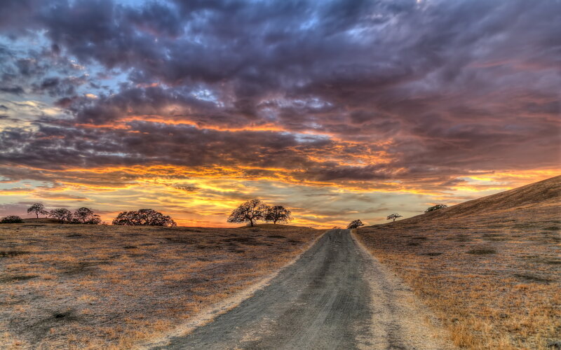 Dirt Road at Sunset — Orange, Dramatic, Photograph, Sky, Hills