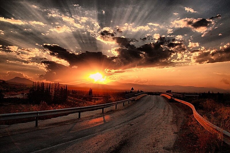 Dirt Road at Sunset — Orange, Dramatic, Photograph, Sun