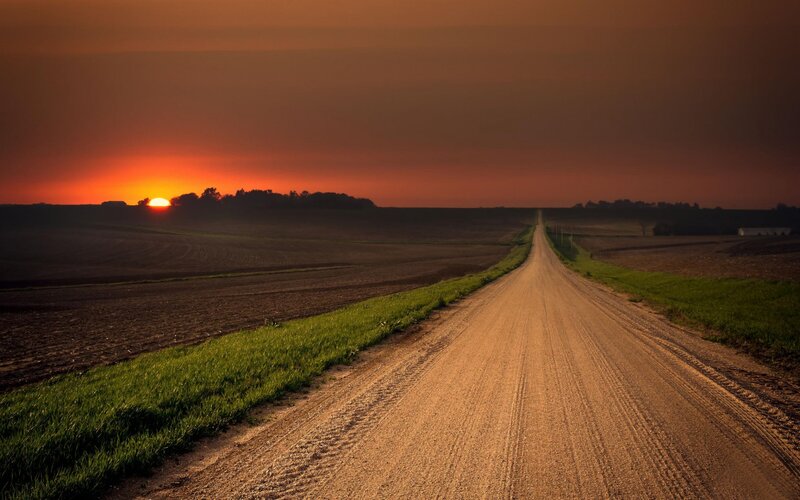 Dirt Road at Sunset — Orange, Serene, Photograph, Fields