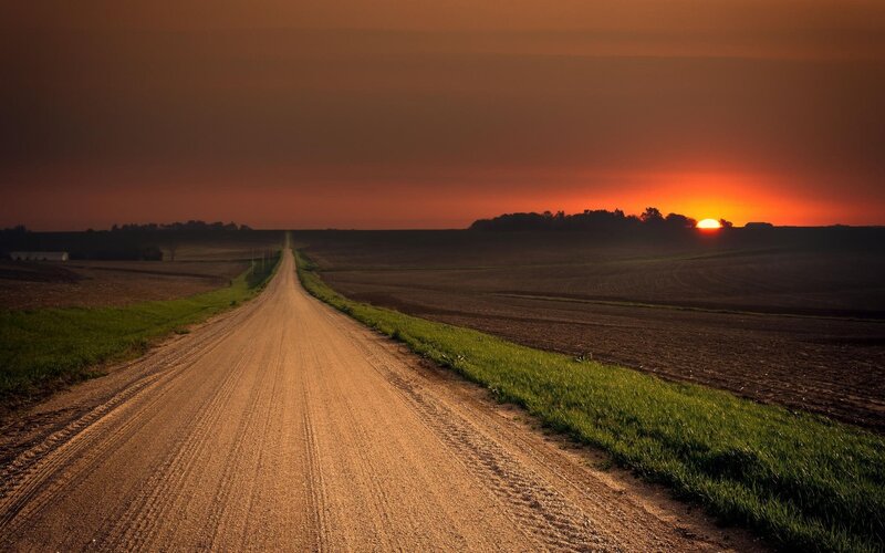Dirt Road at Sunset — Orange, Serene, Photograph, Sun, Fields