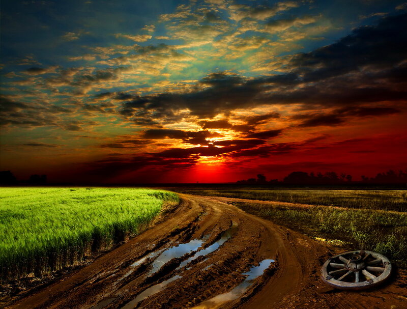 Dirt Road at Sunset — Red, Dramatic, Photograph, Field