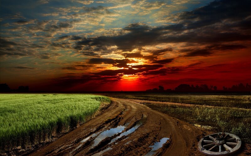 Dirt Road at Sunset — Red, Dramatic, Photograph, Field, Wheel