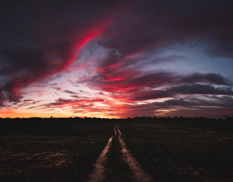 Dirt Road at Sunset — Red, Dramatic, Photograph, Sky, Clouds, Trees