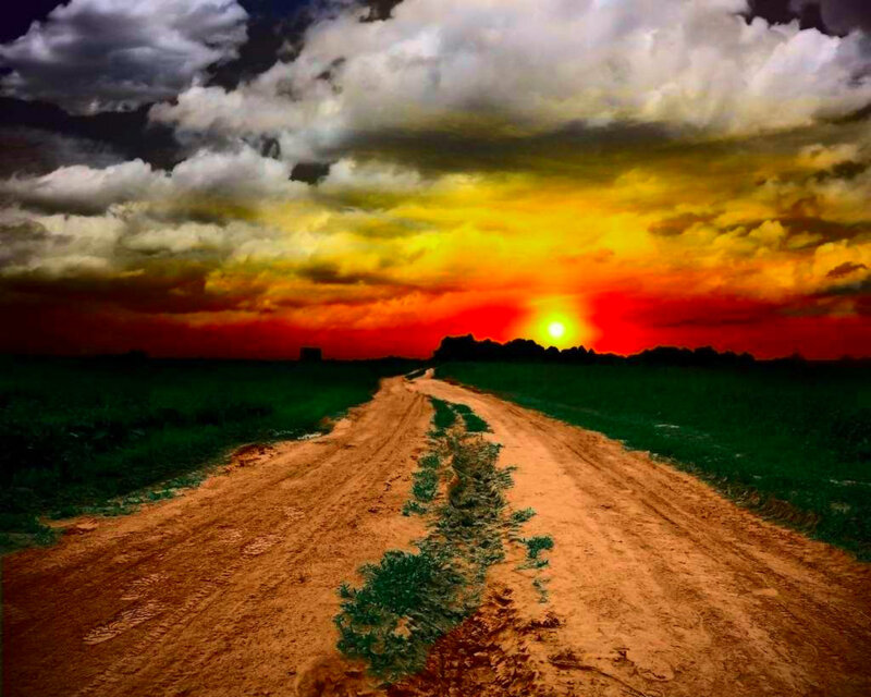 Dirt Road at Sunset — Red, Dramatic, Photograph, Sky
