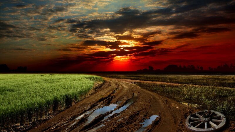 Dirt Road at Sunset — Red, Dramatic, Photograph