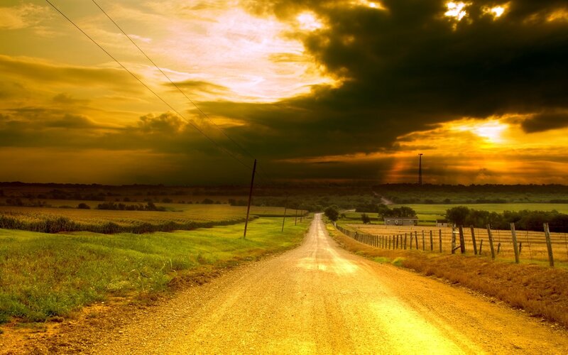Dirt Road at Sunset — Yellow, Dramatic, Photograph, Fields