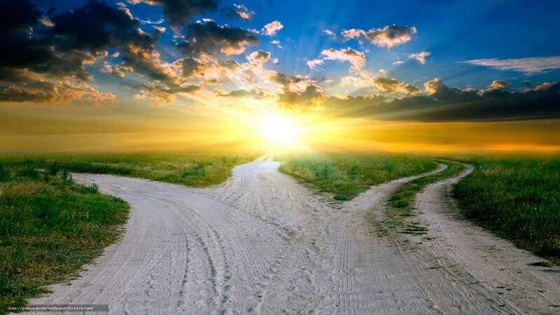 Dirt Road Fork — Blue, Dramatic, Sunset, Photograph, Sun, Clouds