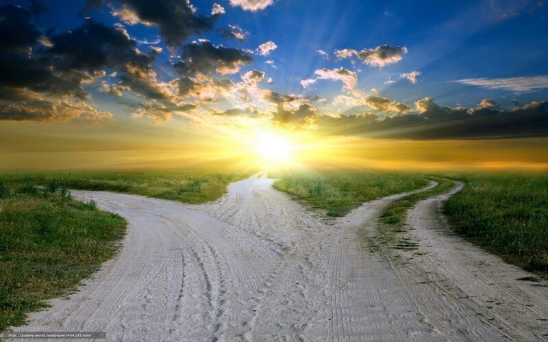 Dirt Road Fork — Blue, Dramatic, Sunset, Photograph, Sun