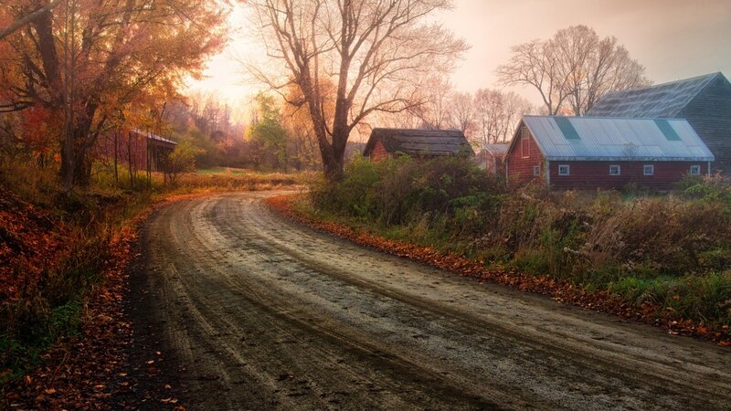 Dirt Road in Autumn — Orange, Serene, Photograph, Barns