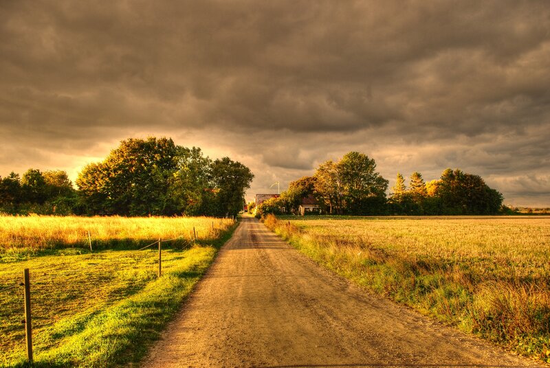 Dirt Road in Countryside — Brown, Dramatic, Sunset, Photograph