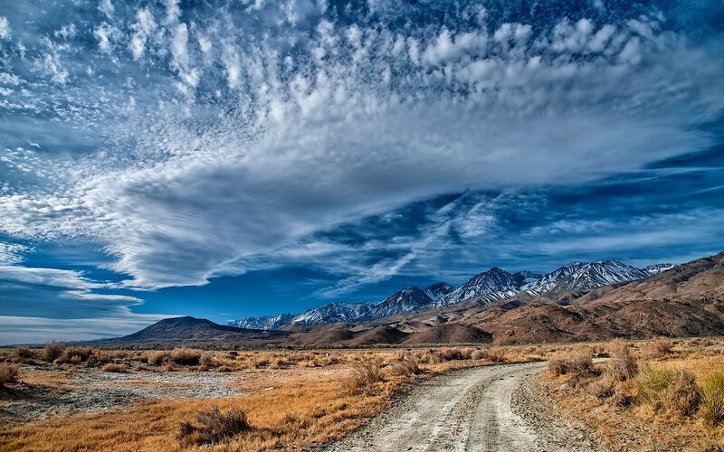 Dirt Road in Desert — Blue, Dramatic, Afternoon, Photograph