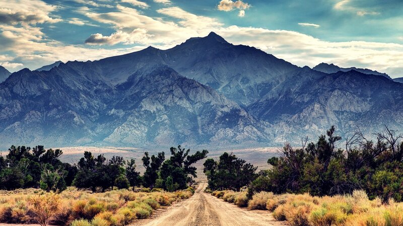 Dirt Road in Desert — Blue, Serene, Afternoon, Photograph, Mountains