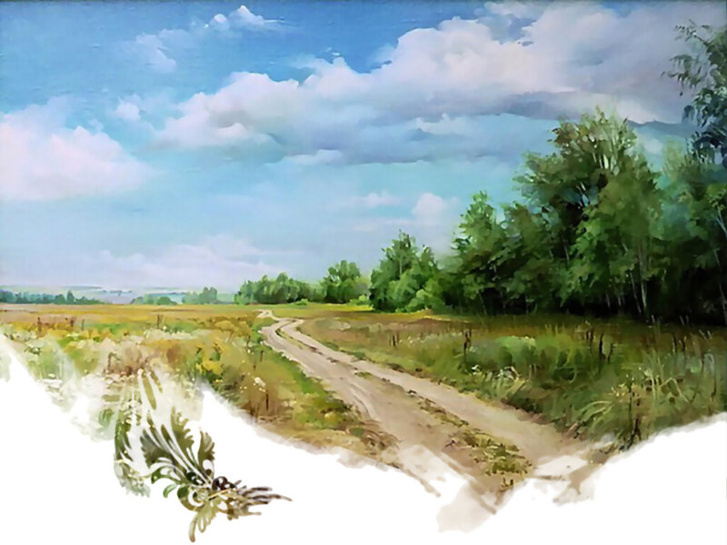 Dirt Road in Field — Blue, Serene, Afternoon, Painting