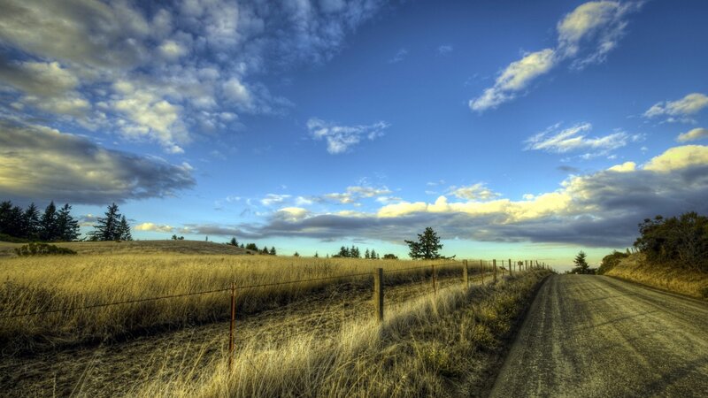 Dirt Road in Field — Blue, Serene, Sunset, Photograph, Fence