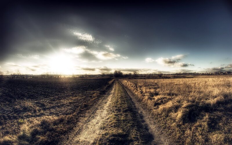 Dirt Road in Field — Brown, Dramatic, Sunset, Photograph, Sky, Sun, Clouds