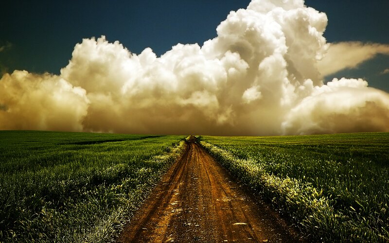 Dirt Road in Field — Green, Dramatic, Afternoon, Photograph, Clouds, Sky, Brown, White