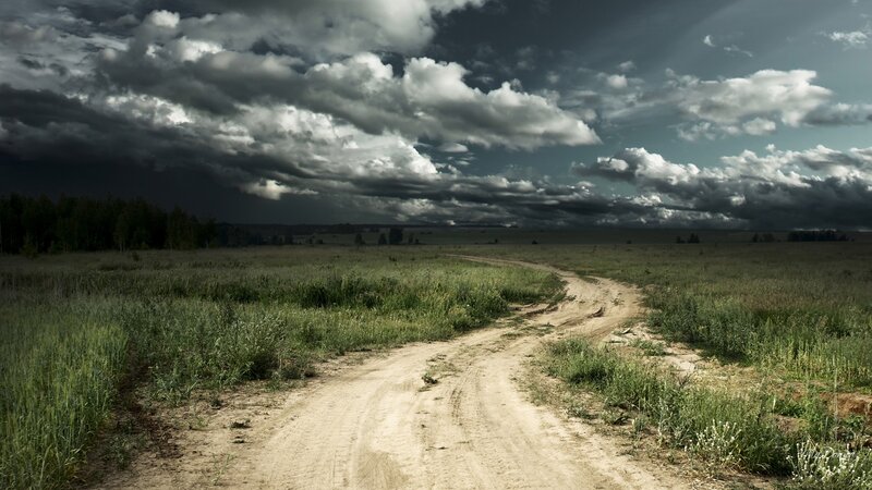 Dirt Road in Field — Green, Dramatic, Afternoon