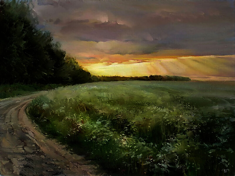 Dirt Road in Field — Green, Dramatic, Sunset, Painting