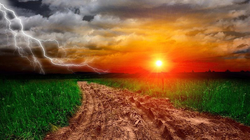 Dirt Road in Field — Green, Dramatic, Sunset, Photograph, Lightning, Sun, Clouds