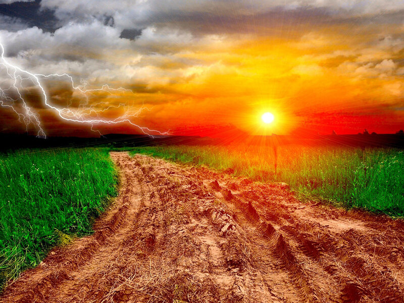 Dirt Road in Field — Green, Dramatic, Sunset, Photograph, Lightning