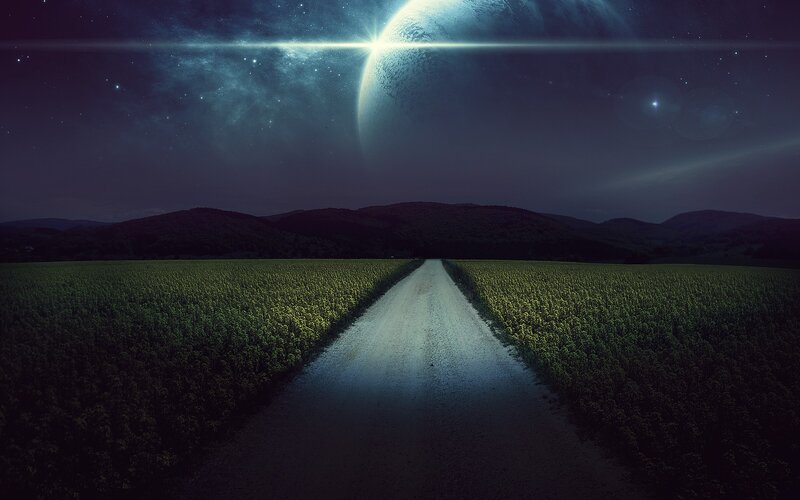 Dirt Road in Field — Green, Serene, Night