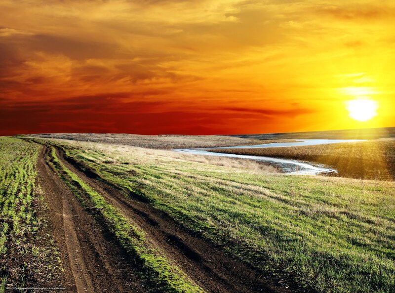 Dirt Road in Field — Orange, Dramatic, Sunset, Photograph, River